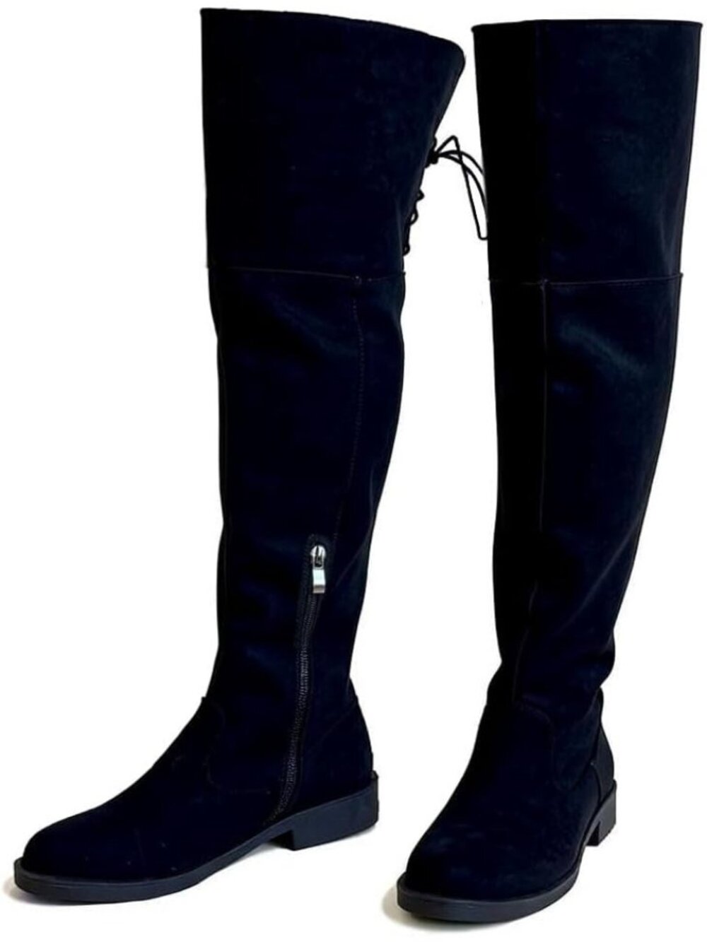 Women's Black Faux Suede Back Lace Wide Calf Over-the-Knee Thigh-High Boots